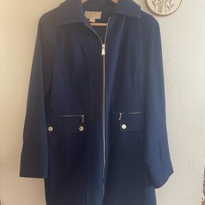 Michael Kors Women's Navy Zip-Front Coat with Gold Hardware and Detachable Hood